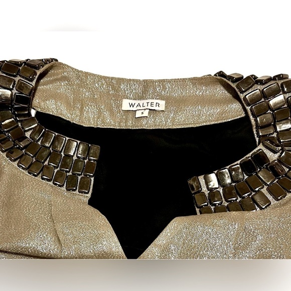 WALTER SIZE 6 🍒CHAMPAGNE GOLD JEWEL COLLARED SILK DRESS FULLY LINED CLASP FRONT - Picture 8 of 12